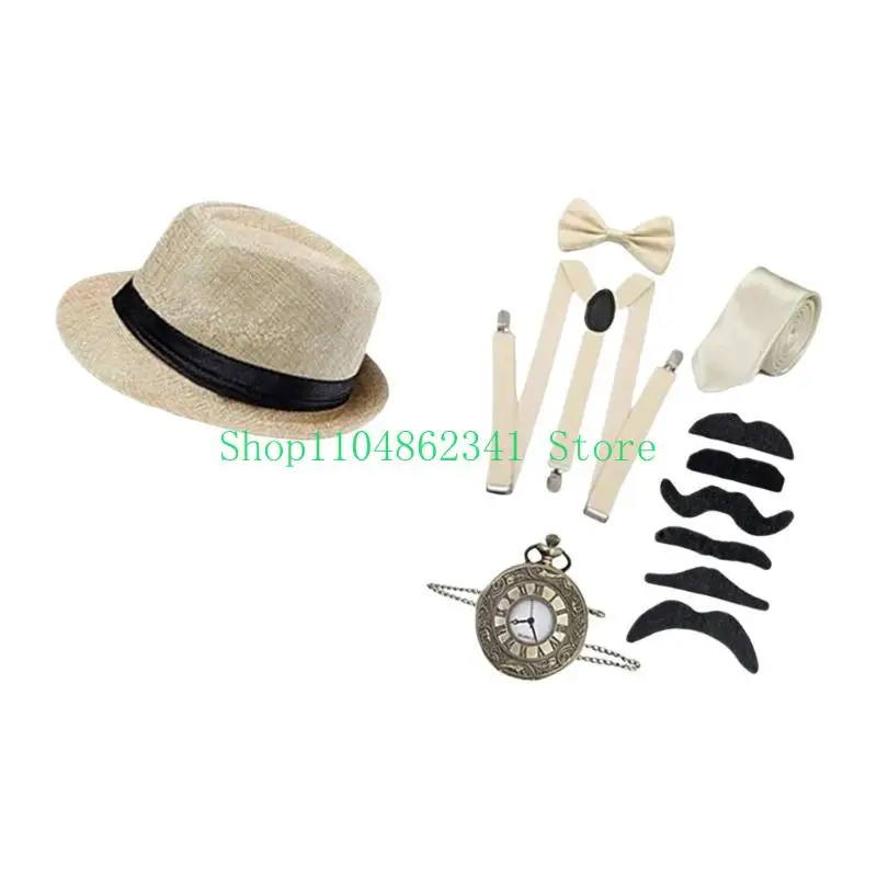 Costume da uomo anni '20 Cappello Fedora Bretelle Papillon, Bretelle Baffi Barba Set di accessori per costumi cosplay di Halloween