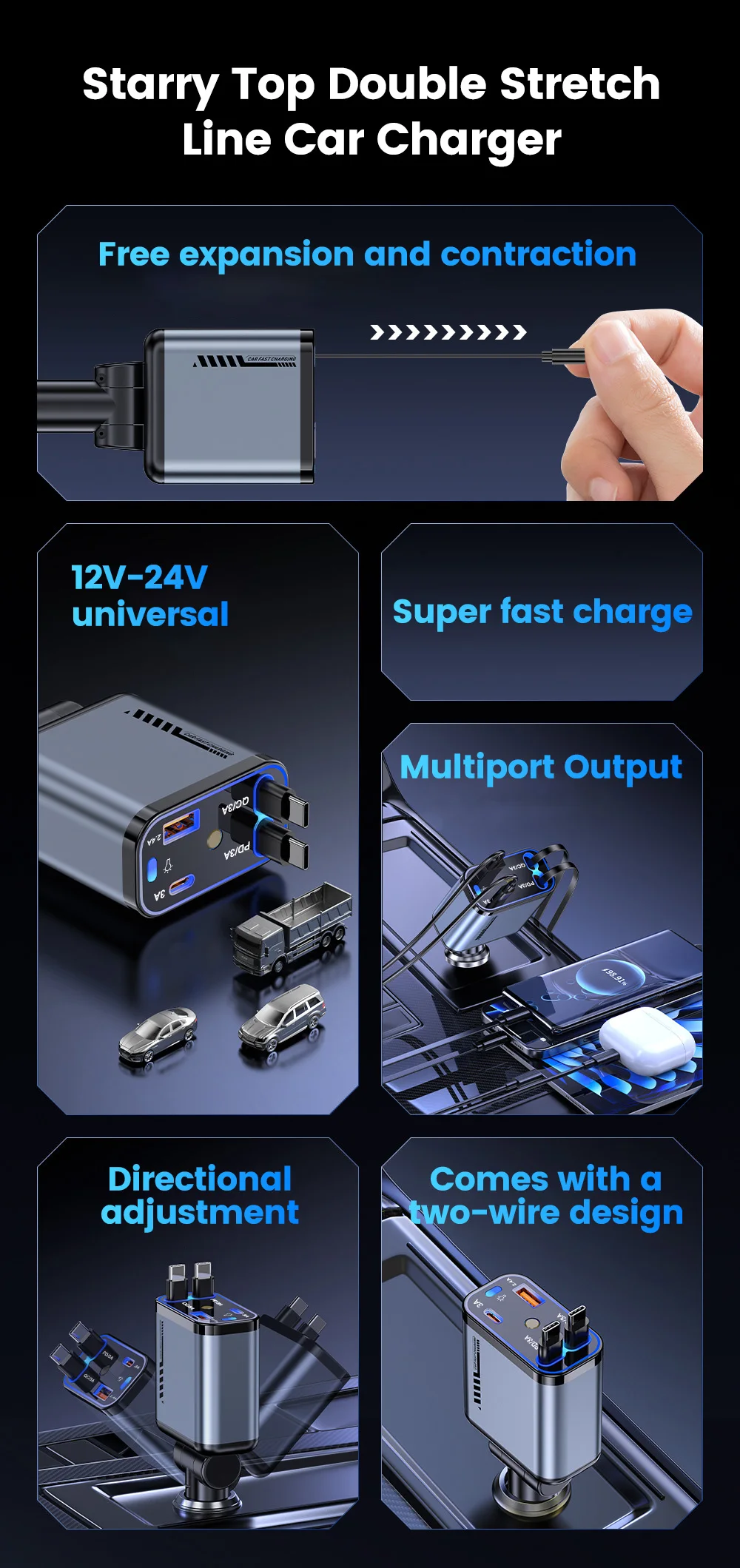 4-in-1-Autoladegerät mit Sternenhimmel-Spotlight, einziehbares Autoladegerät mit Ladekabel und 2 Ladeanschlüssen, universelles Autoladegerät – Detail 2