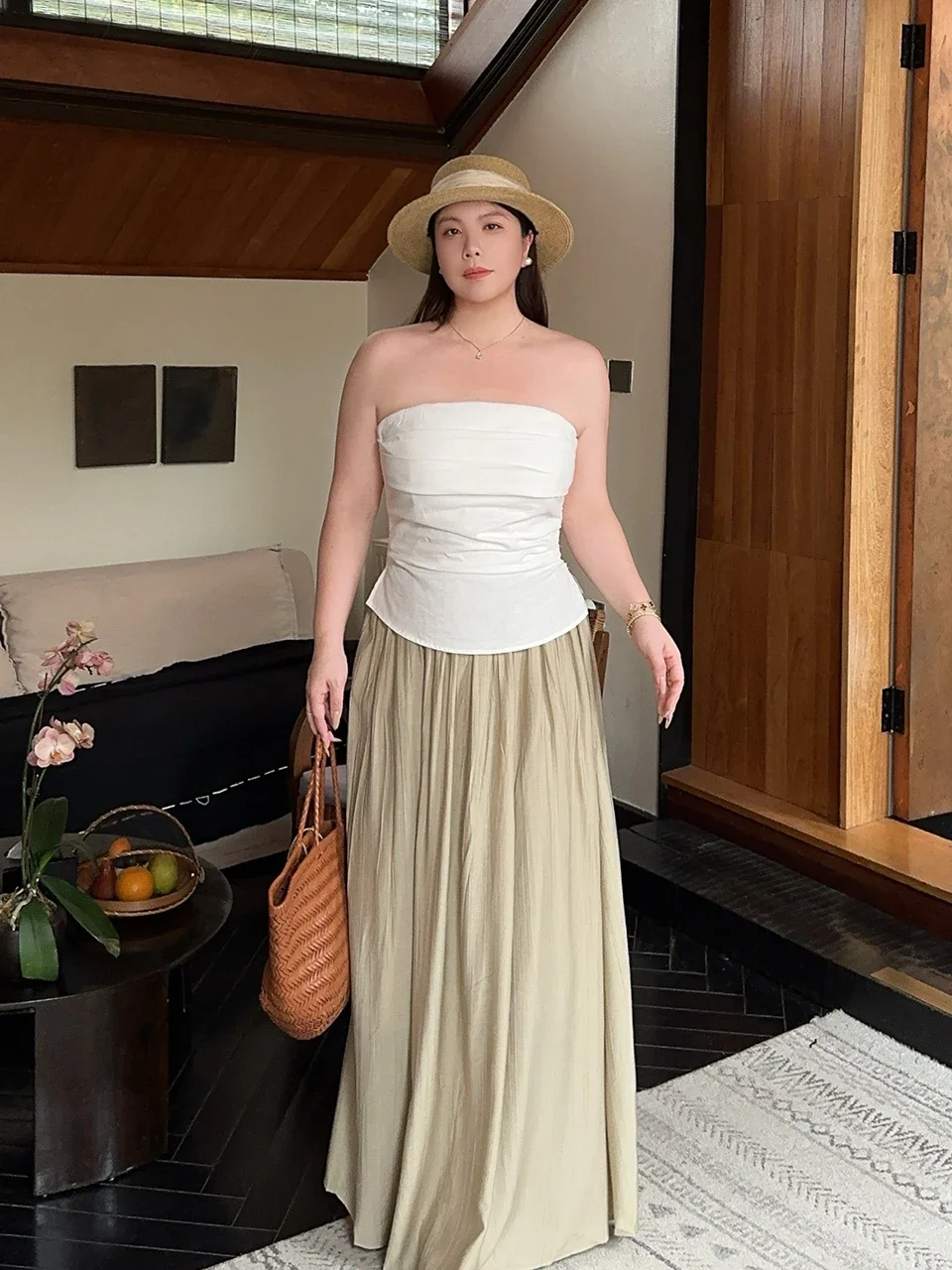 High Waist Pleated A Line Skirt Apricot Color Plus Size Women Vintage Style Slimming Effect Casual Wear Half Skirt