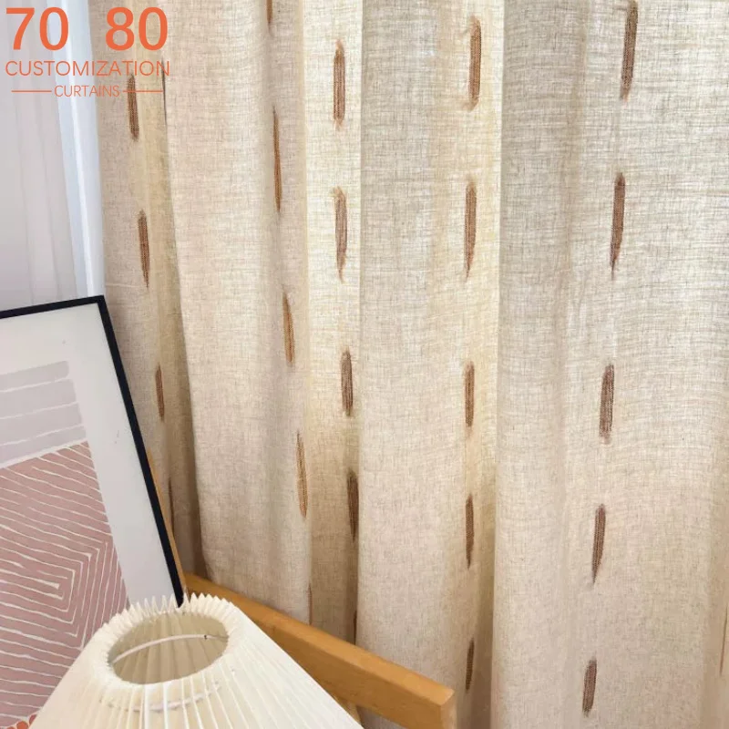 Cotton and Linen Log Vertical Grain Embroidery Thickened Window Screen Curtains for Living Room Bedroom French Window Balcony