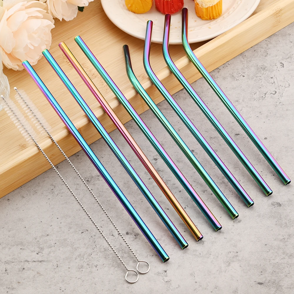 Metall-Strohhalm aus Edelstahl 304, gerade gebogen, buntes, wiederverwendbares Stroh-Set mit Etui, Reinigungsbürste, Bar-Zubehör – Detail 9
