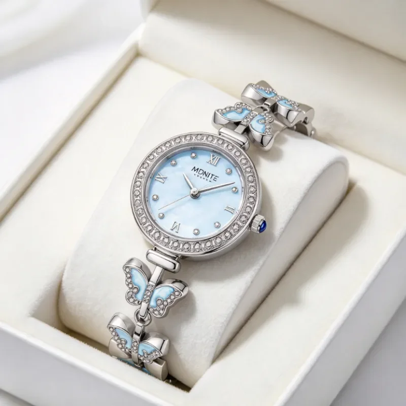 MIDNITE STAY Women Butterfly Bow Crystal Bracelet MOP Dial Quartz Watch, Elegant Wristwatch