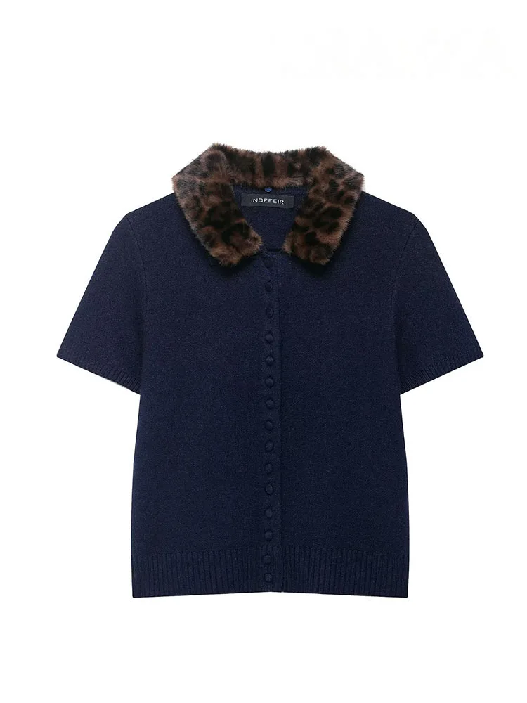 HH Women Fashion Cardigan Navy Blue Leopard Print Turn-Down Collar Short Sleeve Single-Breasted Female Autumn Casual Tops