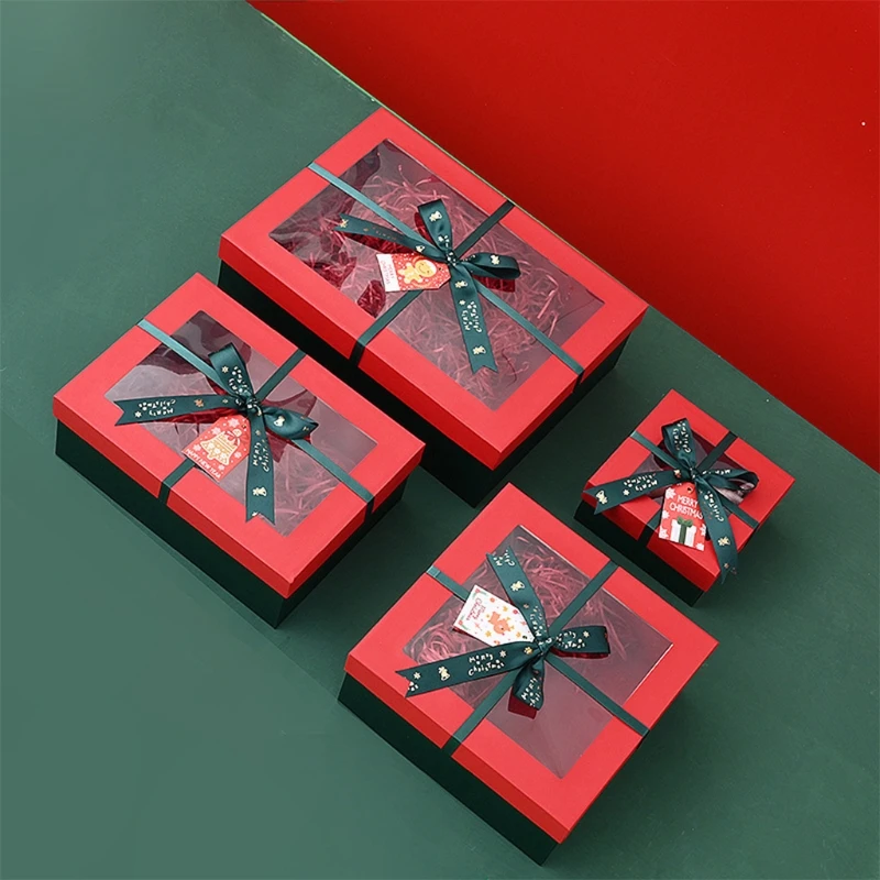 Christmas Nesting Cookie Gift Box with Ribbon Bow Clear Window Lid Nested Cover for Gift Wrapping Xmas Holiday Drop Shipping