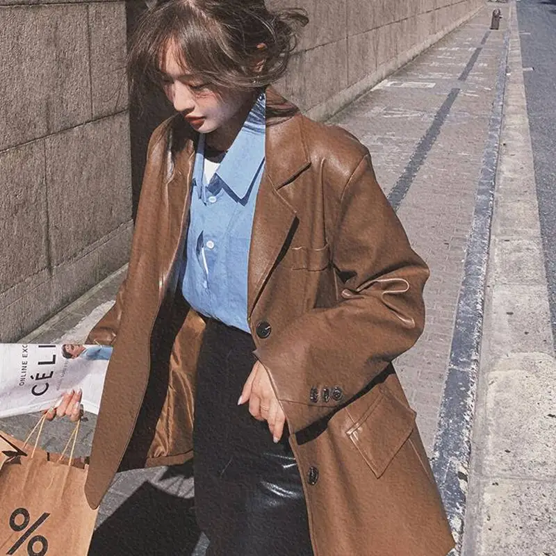 

Женская однотонная куртка для пар из искусственной кожи в стиле ретро, осенний повседневный топ, одежда оверсайз, женская мода, теплое черное тонкое пальто с длинными рукавами