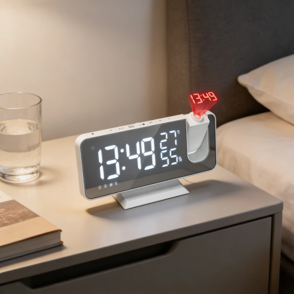 Radio LED Digital Smart Alarm Clock USB Powered Desktop Wake Up Clock with 180 Degree Time Projector Display for Home Bedroom