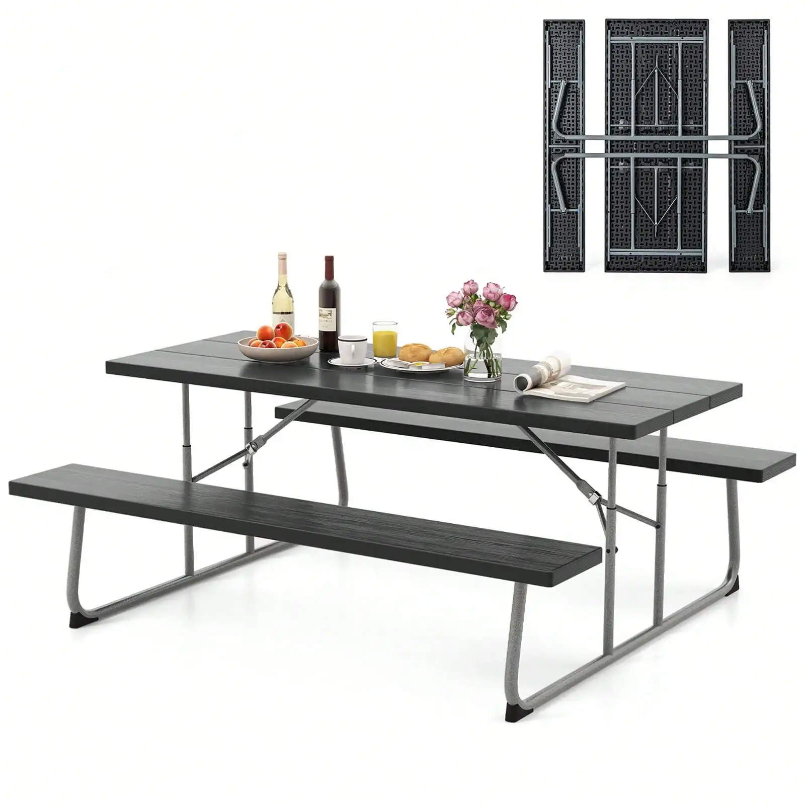 

Folding Picnic Table w/ 2 Benches 6 FT Camping Set Metal Frame