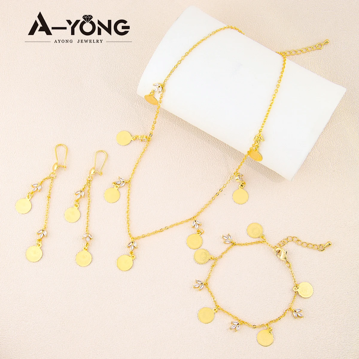 Türkische Münzen Halskette Set 21 Karat vergoldet Kupfer arabische elegante Zirkon Schmuck für Frauen Hochzeits feier Geschenke – Detail 3