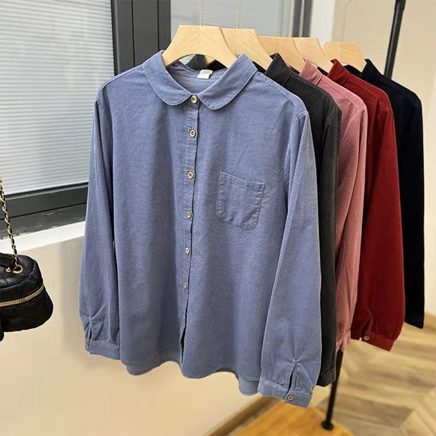 Women Red Navy Blue Pink Corduroy Shirts Blouses Autumn Winter Turn-down Collar Base Blouses Long Sleeve Button Up Tops