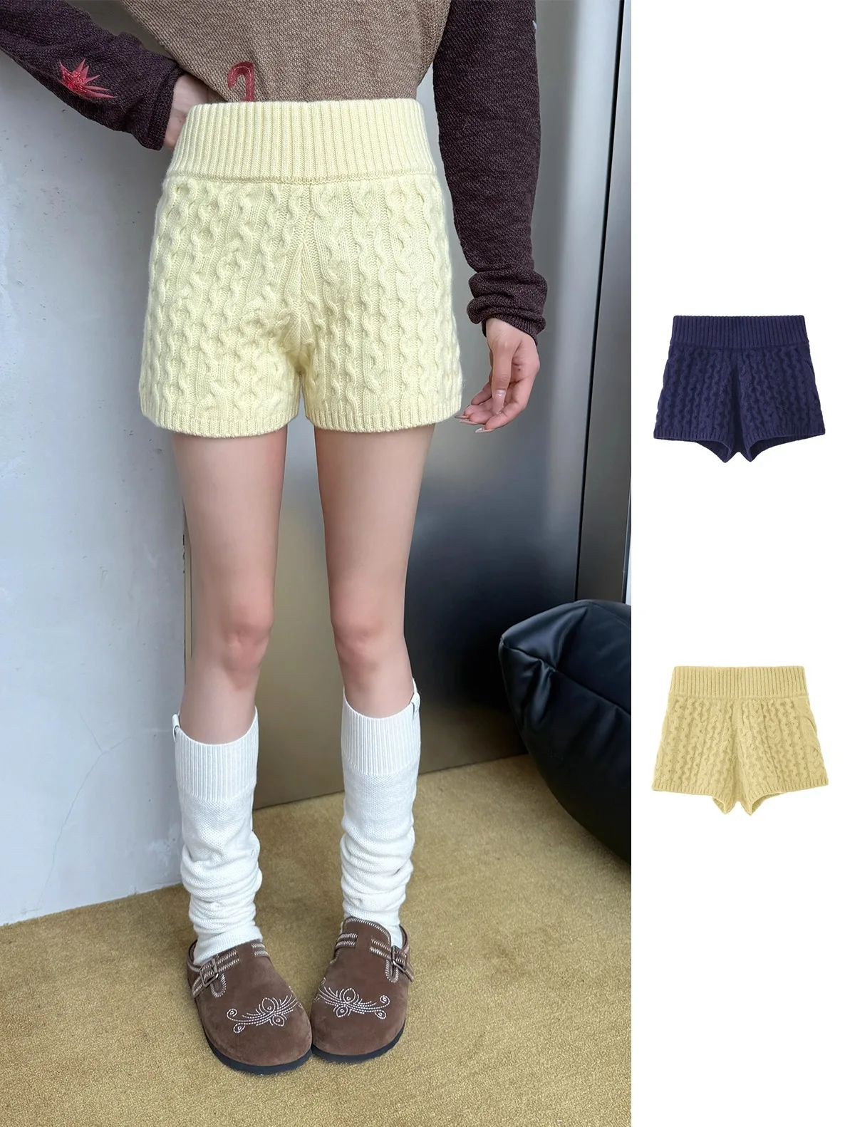 

ALWOOLS Knitted Patchwork Cable Knit orts Casual High Waist Elastic Waisand Woolen Straight Leg Ladies Trousers