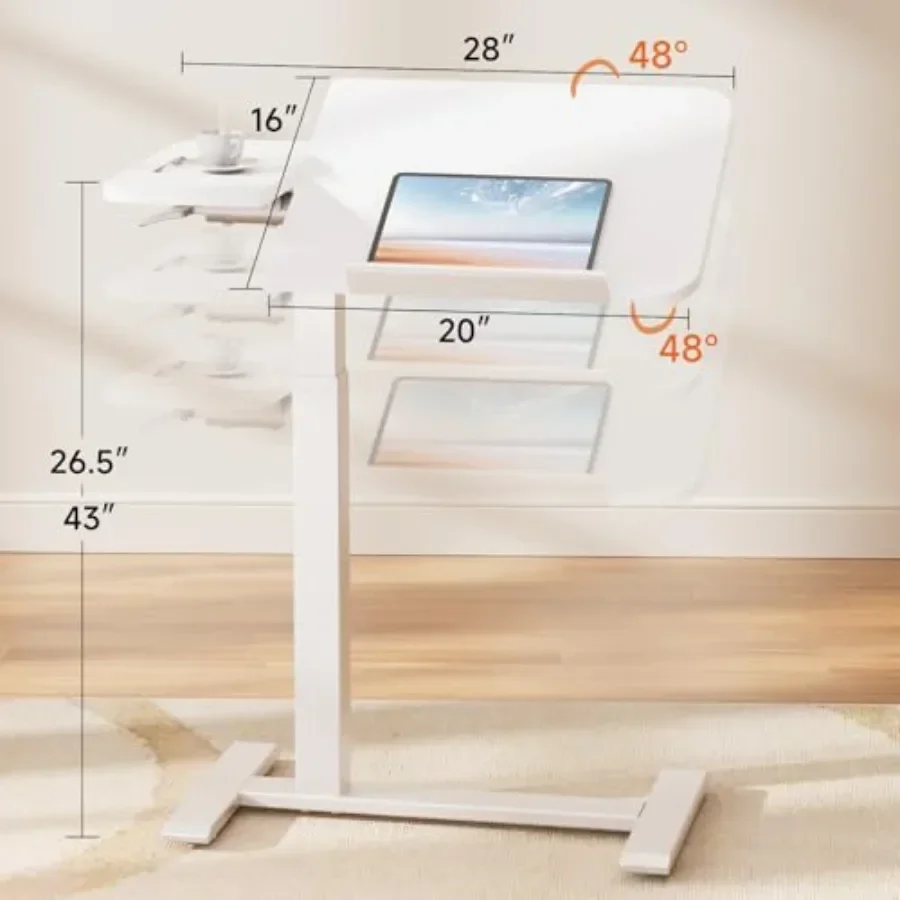 Overbed bedside table for hospital use, aluminum alloy, white, pneumatic height adjustment and casters for mobility