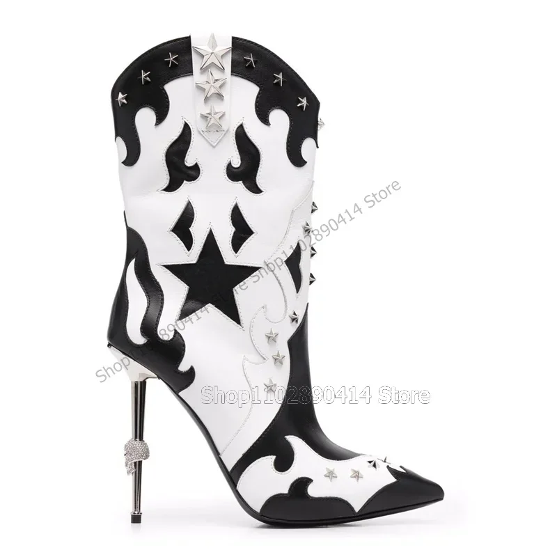 

Black White Totem Design Star Rivets Pointed Toe Boots Slip On Women Shoes Thin High Heels Novel Party 2023 Zapatos Para Mujere