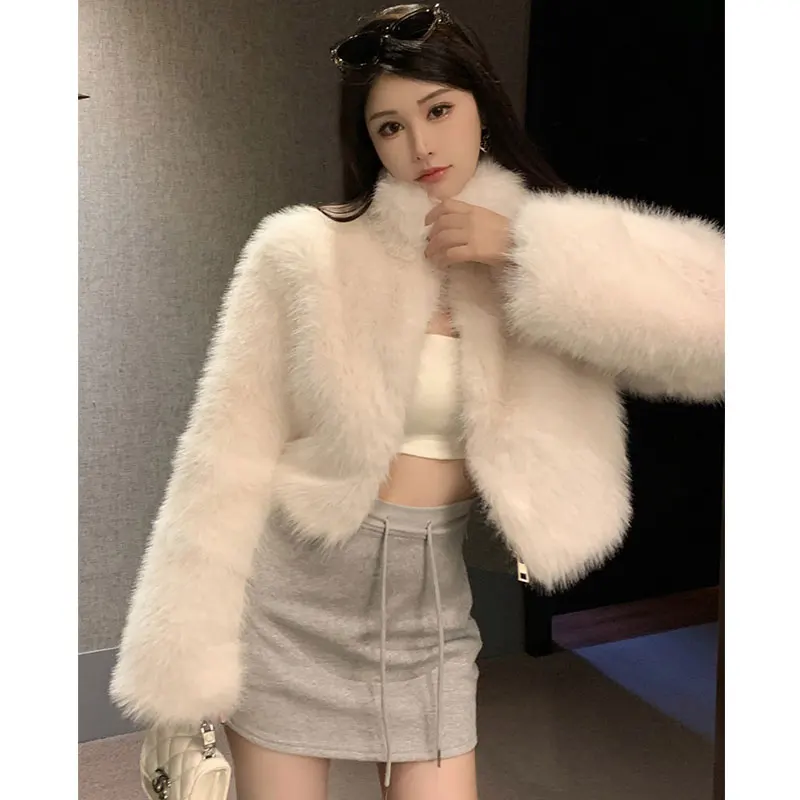 Korean Faux Fur Jackets  Autumn Winter Luxury Stand Collar Faux Mink Fur Party Club Zipper Coat Vintage Solid Furry Outerwear