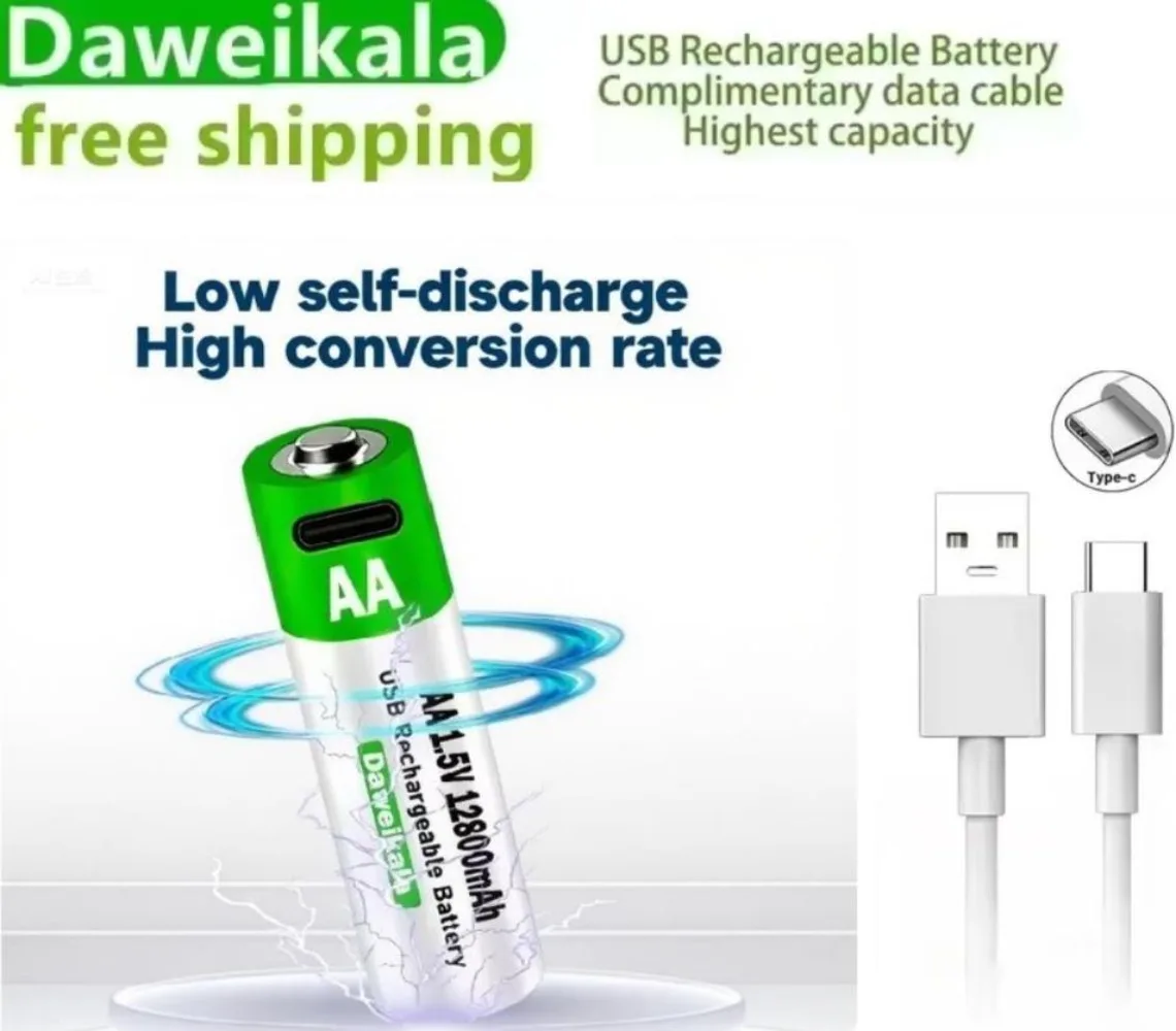 New 1.5V AA USB Rechargeable Battery 12800 mAh Li-ion Battery for Remote Control Mouse Electric Toy Battery + Type-C Cable