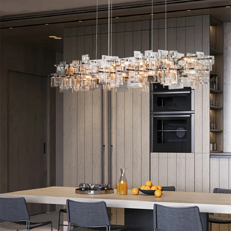 American Luxury Kitchen Island Linear Glass Pendant Lamp Black Metal Dimmable Ceilings Lustre for Restaurant Bar