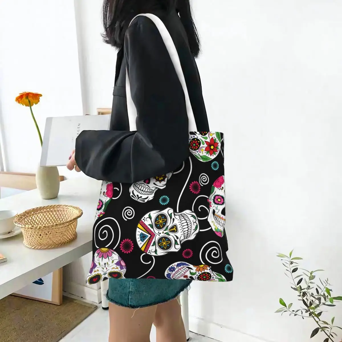 حقيبة يد من القماش على شكل جمجمة السكر لهدايا الهالوين، حقائب كتف يوم الموتى، حقائب تسوق ذات سعة كبيرة للنساء #2