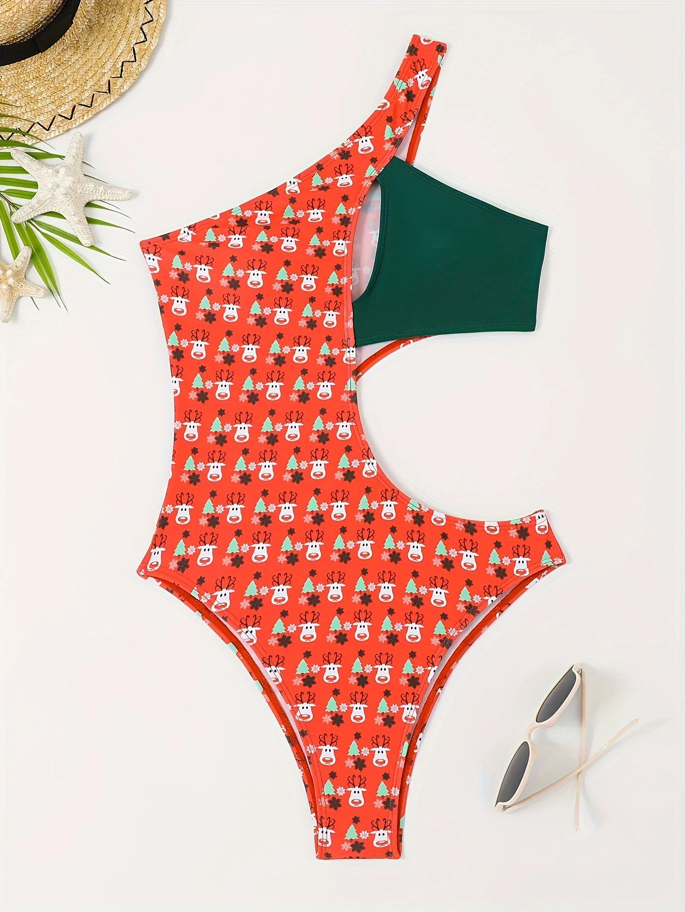 

Women's one-piece swimming suit - asymmetrical shoulder design - Christmas-themed print - swimming costume - vacation style