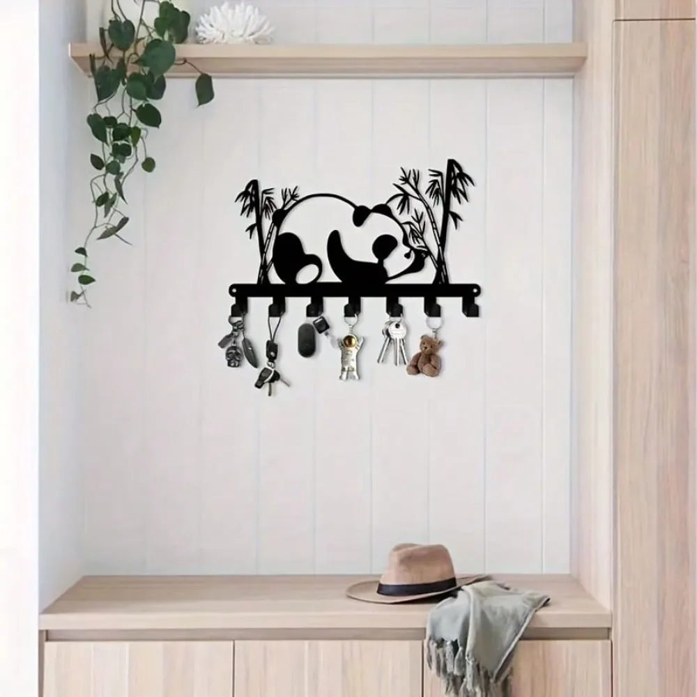 Panda Shaped Wall Hooks 7 Hooks Metal Key Holder Cute Entryway Organizer