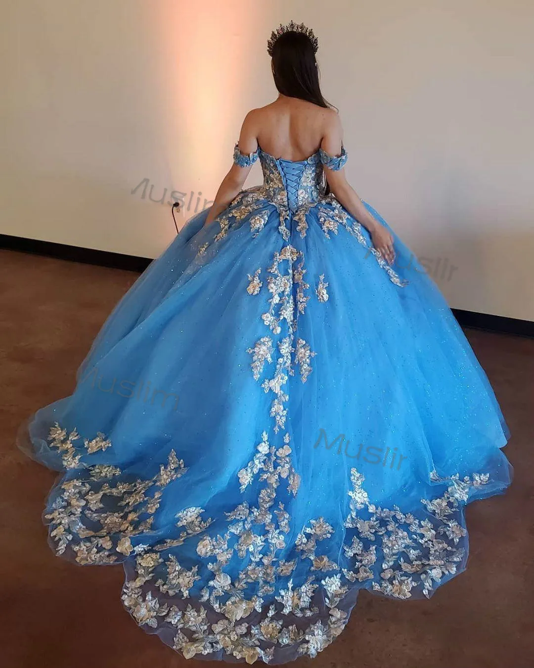 Classy Blue Appliques Quinceanera Gaun 2021 Lengan Glitter Korset Gaun Bola Gaun Prom Ulang Tahun Yang Indah Kontes