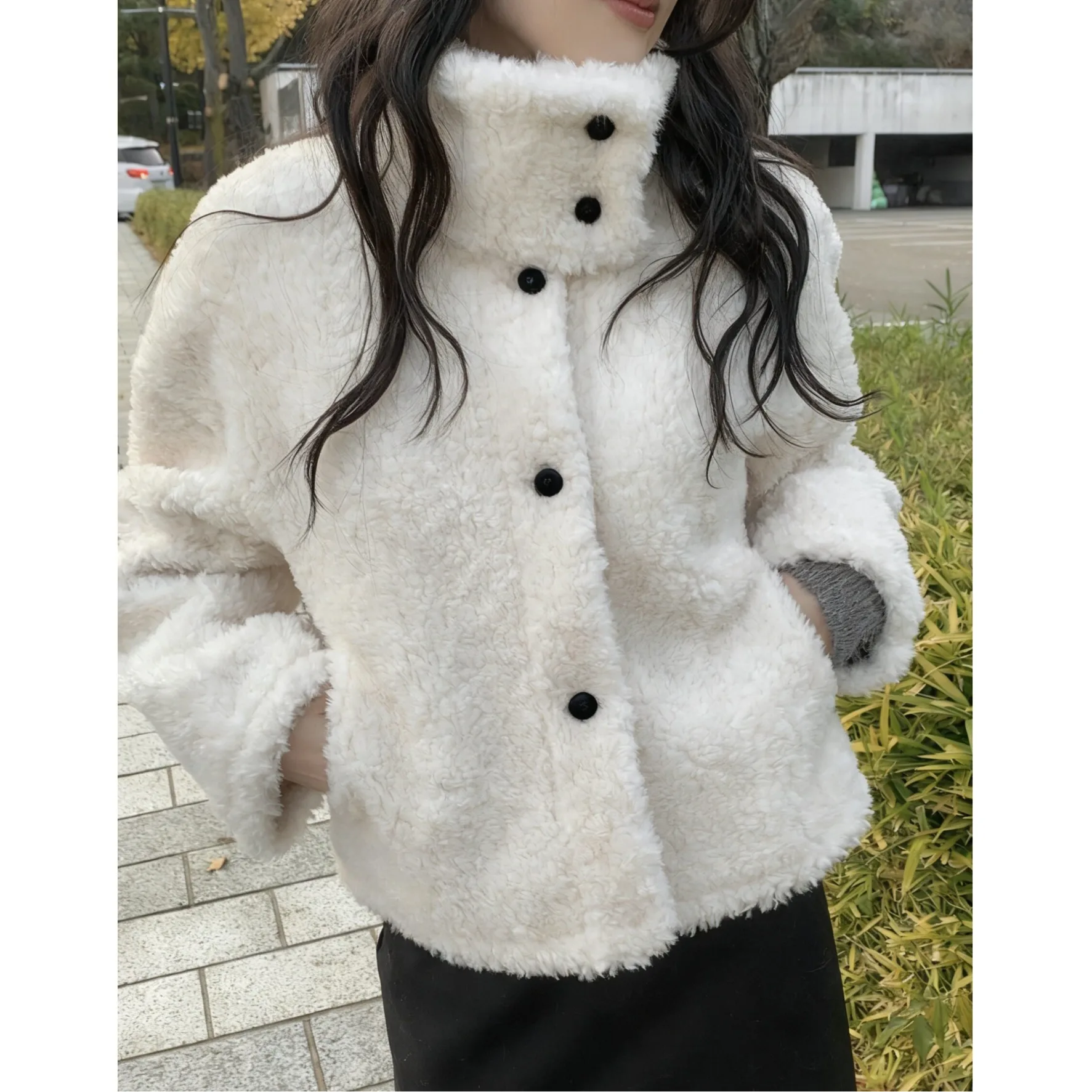 Korean Style Stand Collar Short Lamb Fur Warmth Outerwear Women Winter New Single Button Loose Versatile Coat Casual Style