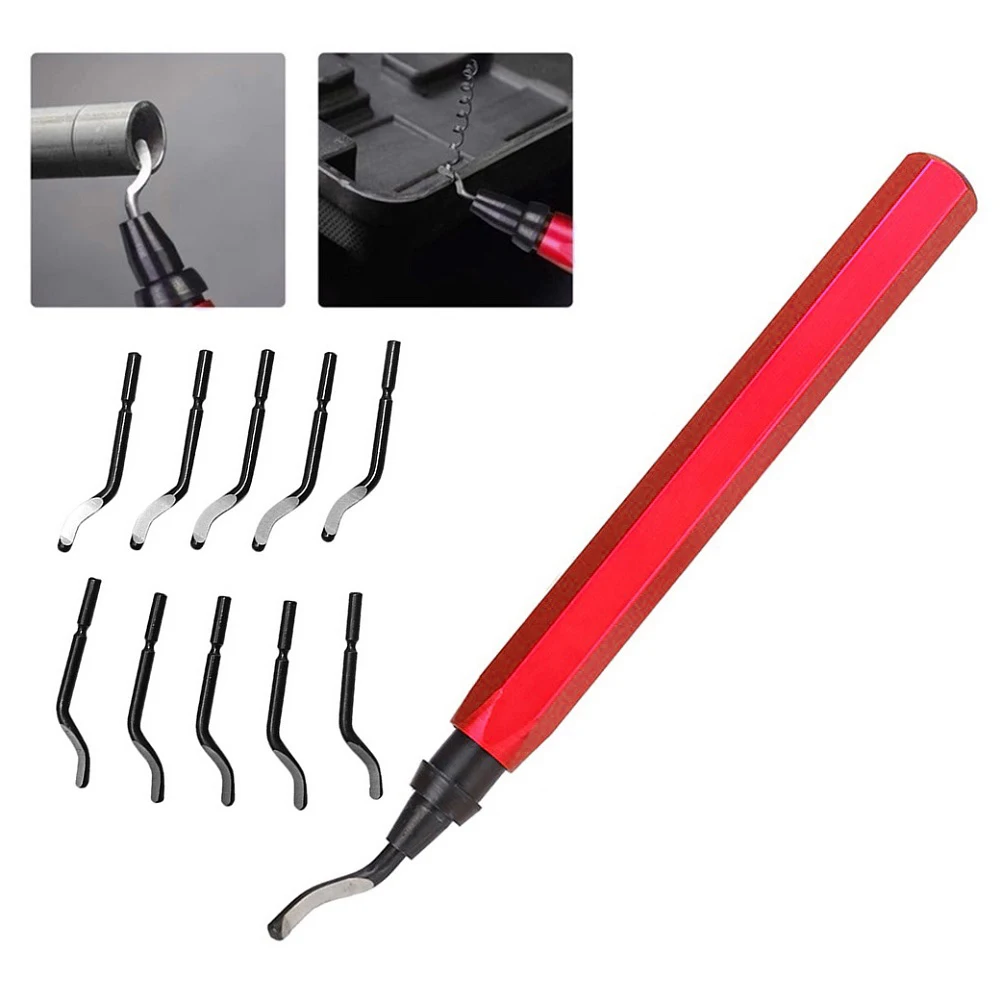 RB1000 Handle Burr Metal Deburring Tool Handle Remover Cutting Tools + 10pcs Rotary Deburr Blade Debur Red For Luminium Copper