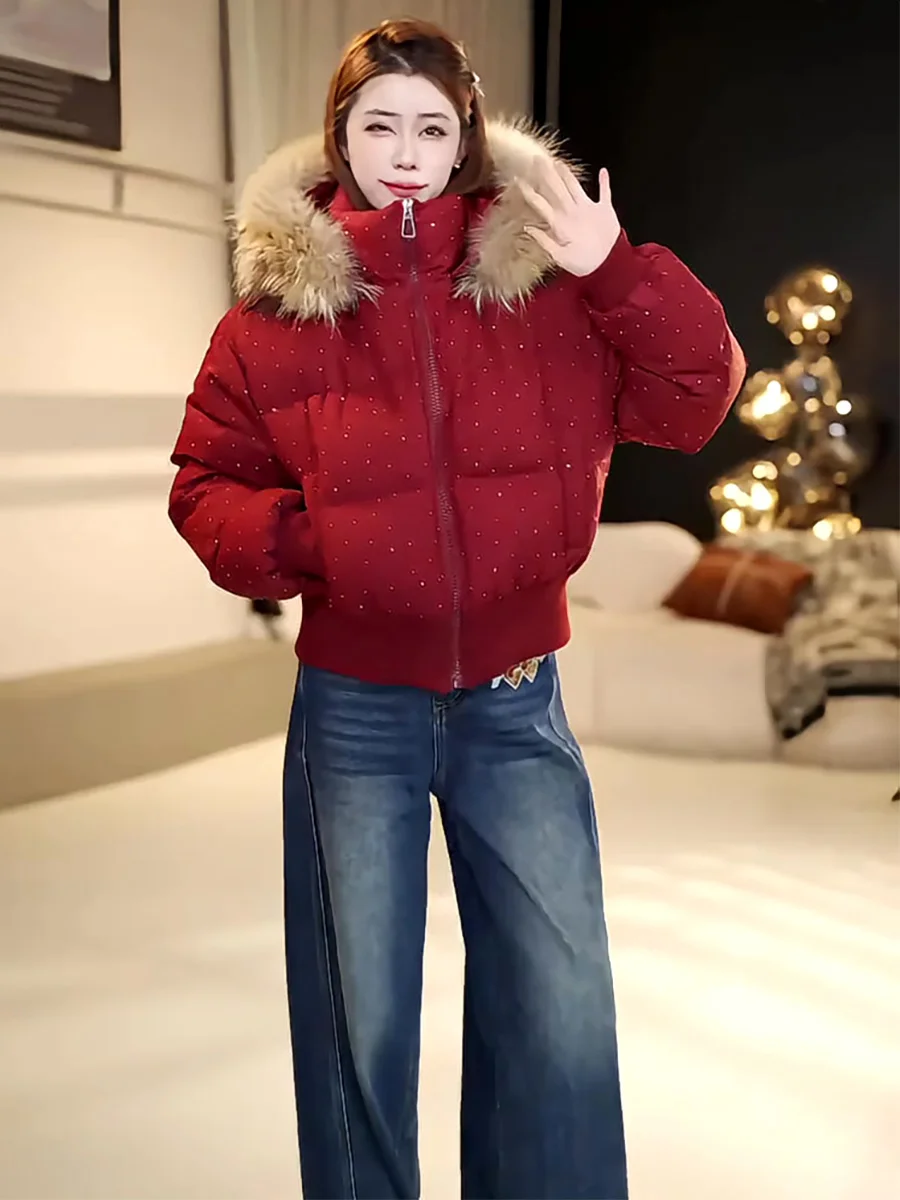 

Женская зимняя куртка-пуховик с капюшоном, красная, новая, теплая, морозостойкая, с большим меховым воротником, 90% белый пух