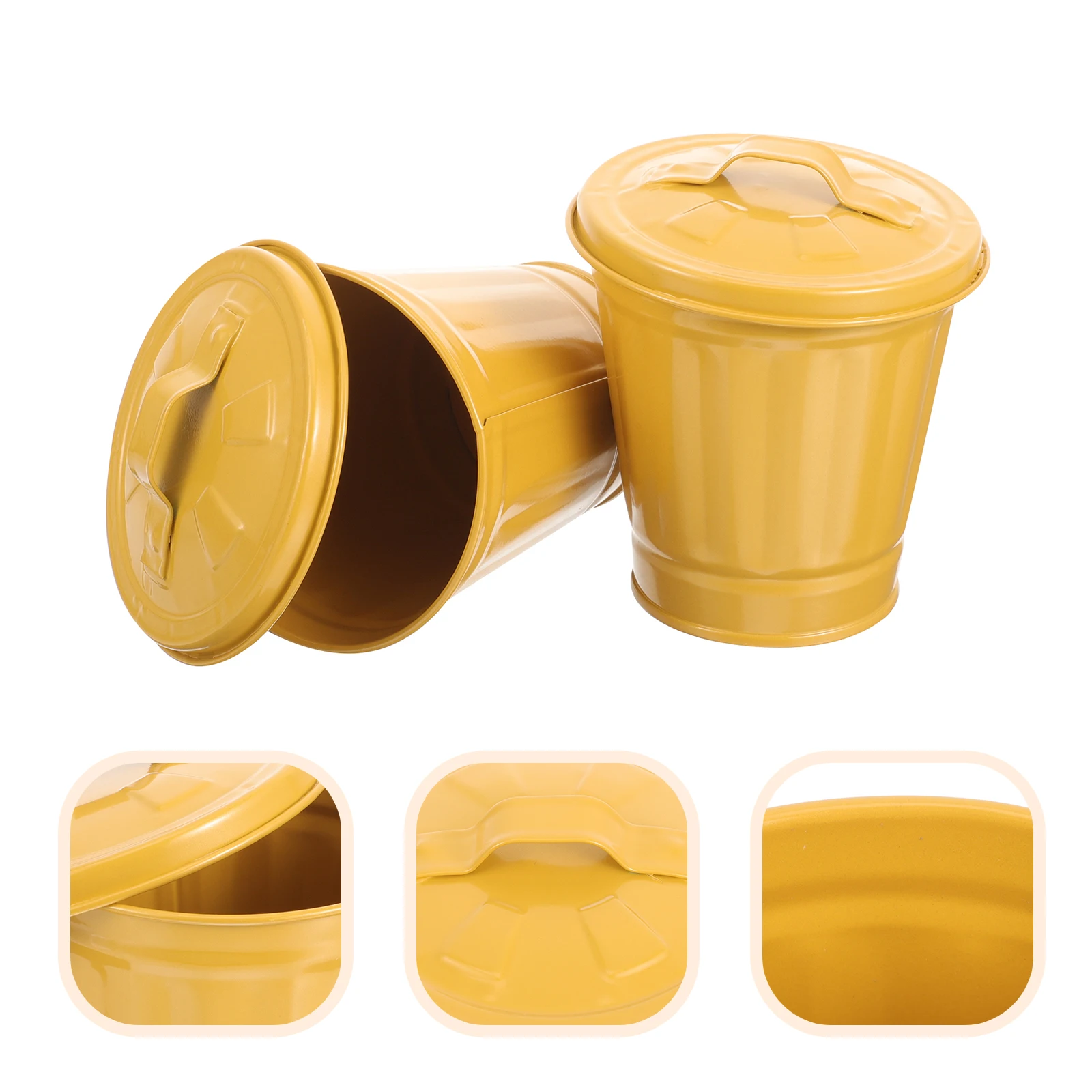 

2 Pcs Portable Storage Bucket Trash Can Mini Container Desktop Small Metal Garbage Pail with Lid Galvanized Iron Tin Bin