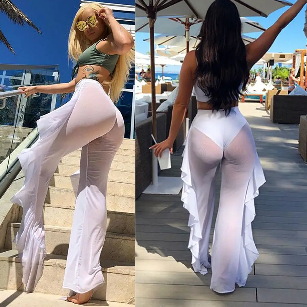 Sexy Women See-through Pants Bikini Cover Up Mesh Ruffle Bottoms Plus Size Loose Long Trousers Beachwear Swimwear Swimsuit