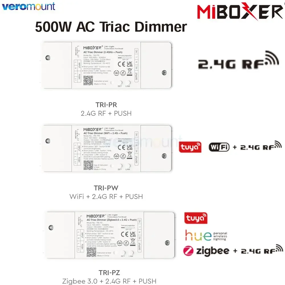MiBoxer 500W AC Triac Dimmer Push Switch TRI-PR 2.4G TRI-PW WiF i+ 2.4G RF + Push TRI-PZ Zigbee 3.0 +2.4G RF + Push AC 110V 220V