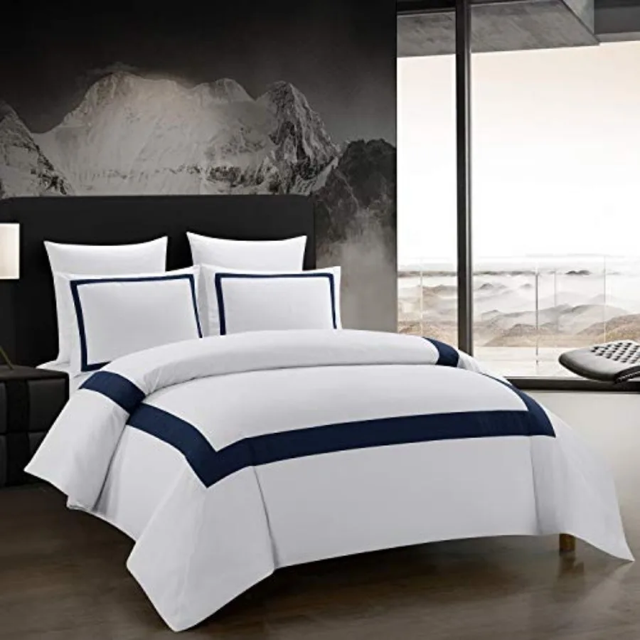 Queen Duvet Cover Set - Hotel Collection Blue Line Pattern Microfiber Bedding 3 Pieces with Pillowcase Soft Breathable with Zip