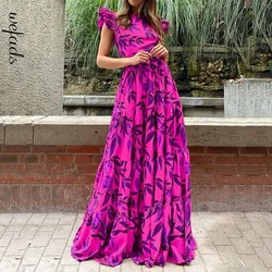 Wefads Maxi Dress Women Elegant Fashion Printed Ruffled Short Sleeve Round Neck Backless Lace Up Nipped Waist Slim Long Dresses