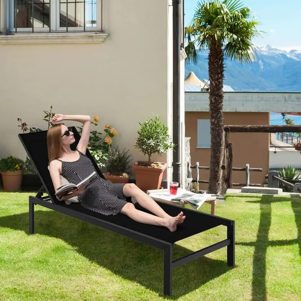 Aluminum Outdoor Reclining Chaise Lounge Chair with 6 Positions, Ideal for Lawn, Yard, or Poolside Relaxation (Black)