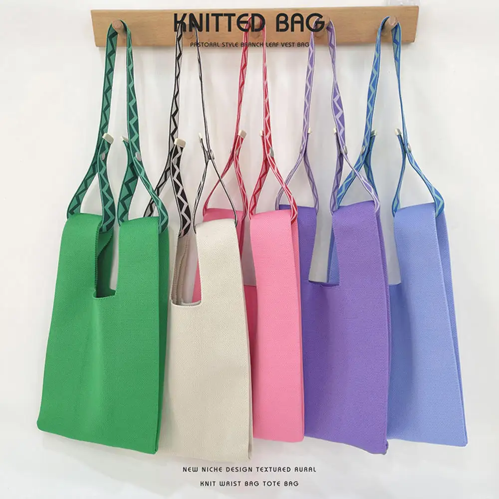 Borsa a mano in maglia da donna Mini borsa da polso con nodo borsa da polso riutilizzabile per studenti a righe larghe di colore Casual femminile