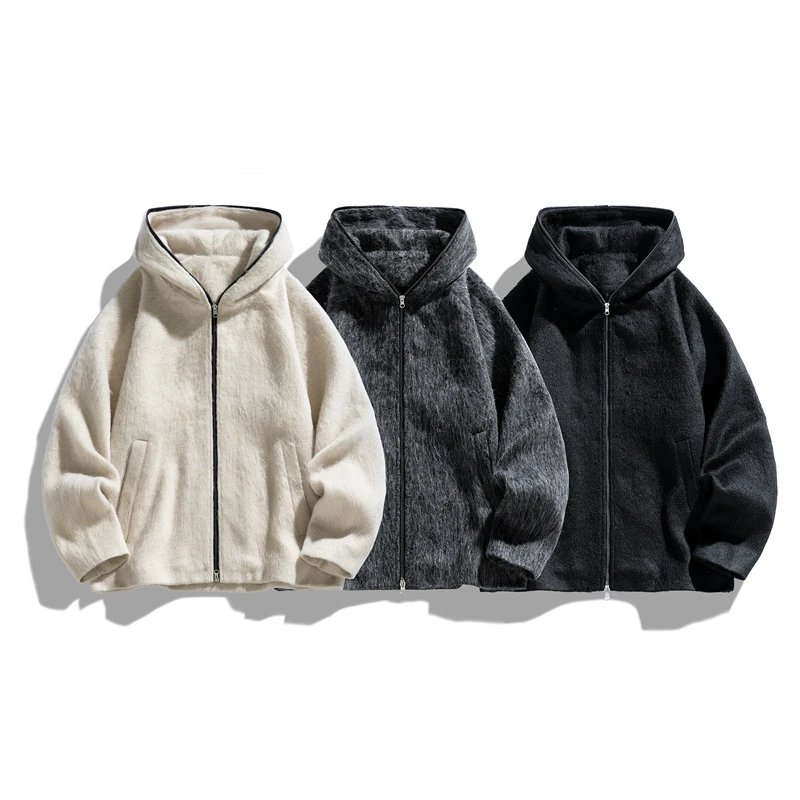 

Woolen Jacket for Men New Trendy Sweatshirt Coat Men's Casual Warm Zipper Lamb Wool Jacket Winter Pure Color Cardigan Hoodie