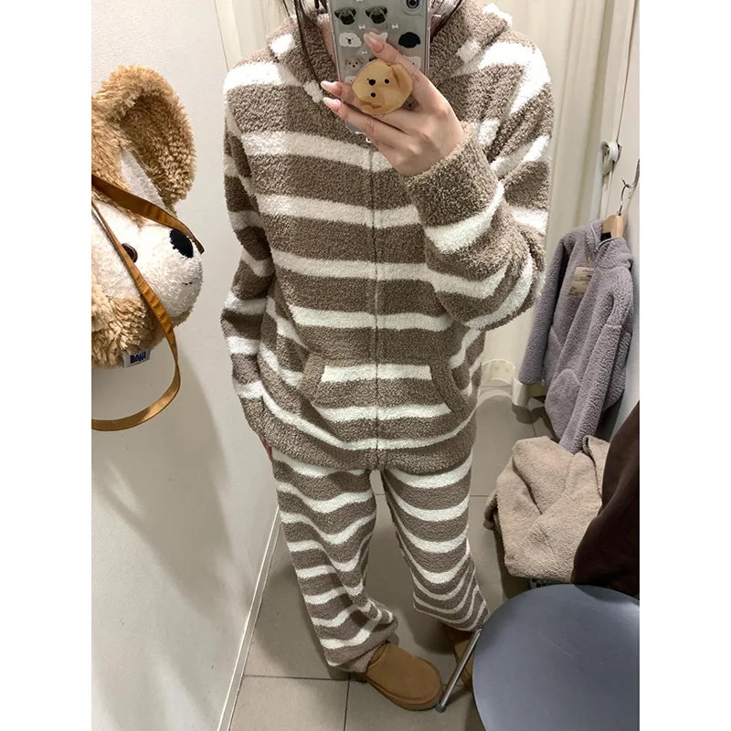 

Полосатый вязаный флисовый кардиган с капюшоном + брюки, комплект из 2 предметов, женская зимняя утепленная полуфлисовая домашняя одежда/комплект пижам