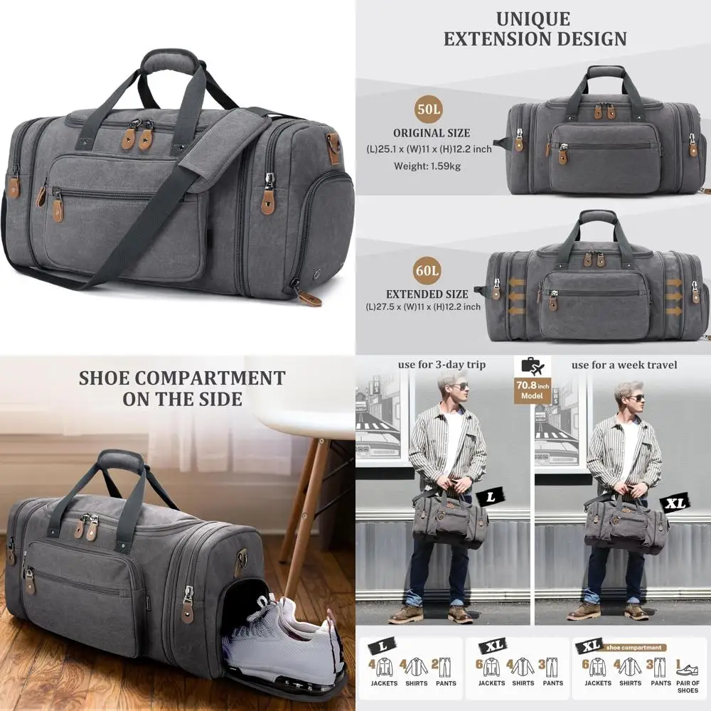 

60L Large Travel Duffel Bag with Shoe Compartment for Weekend Trips - Gray Canvas Overnight Bag
