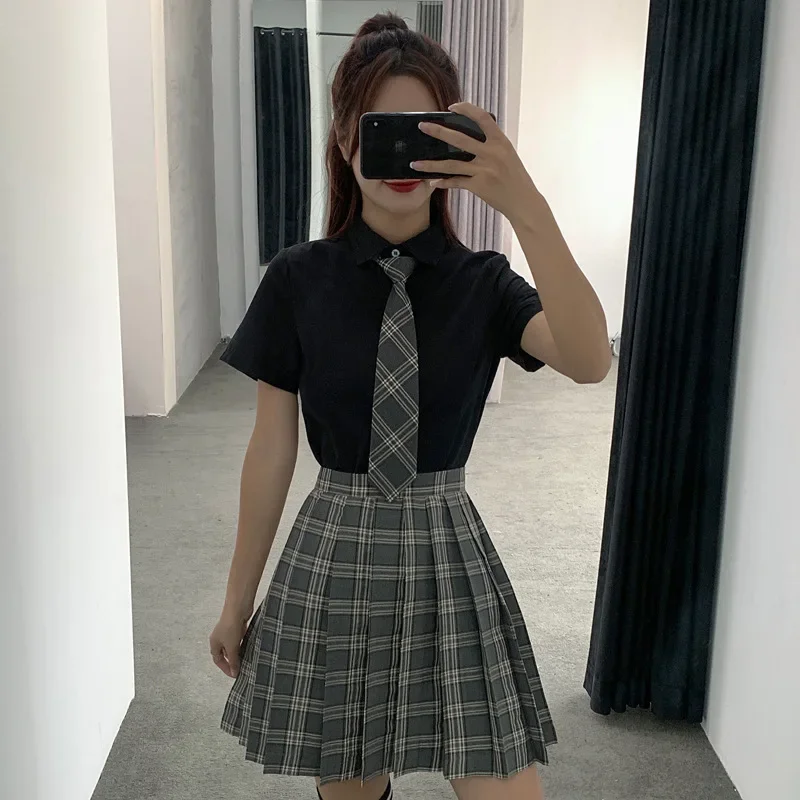 

School Dresses For Girls Black Shirt With Tie Short-sleeved Navy Sailor Suit Large-size S-3XL Anime Form High School JK Uniforms