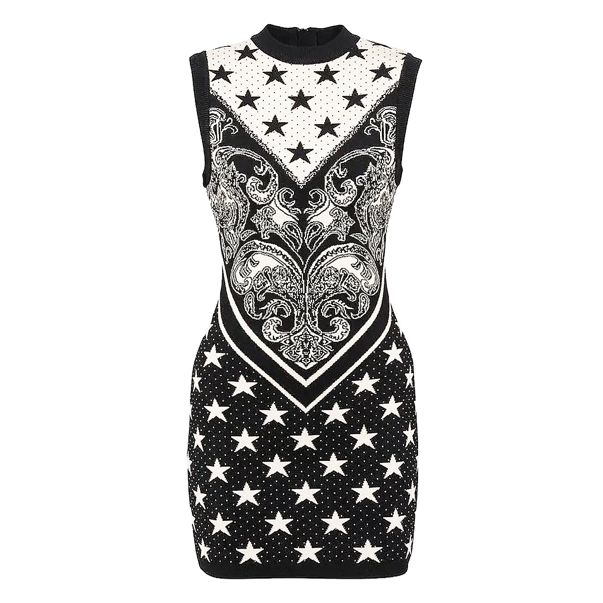 

SML High Quality Fashion New Elastic Fabric Round Neck Sleeveless Star Pattern Back Zipper Slim Fit Women's Dress