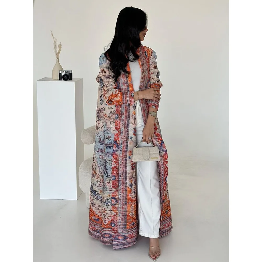 2025 Abaya casual musulmano a maniche lunghe per le donne Miyake cardigan stampato a pieghe cappotto allentato vintage abito Ramadan arabo abito da festa