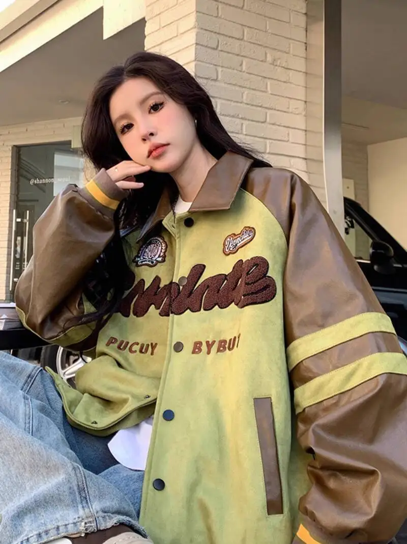 2025 New Spring Autumn Women's Jacket Suede Leather Patchwork Baseball Style Embroidered Design Outerwear