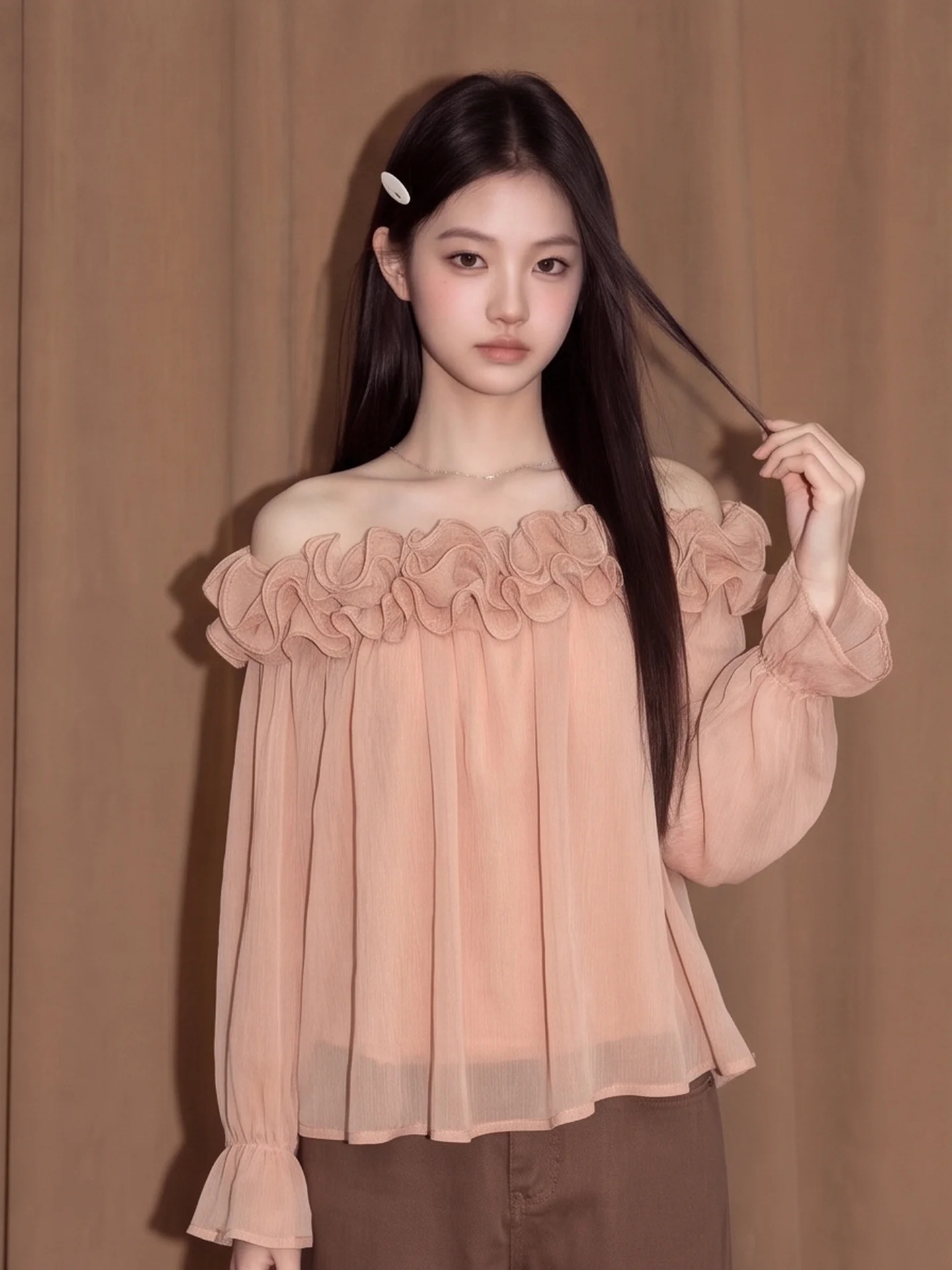 Sweet Girl Style Long Sleeve Loose Fitting One Shoulder Ruffle Hem Chiffon Top Women's Autumn Bell Sleeve Top City Walk