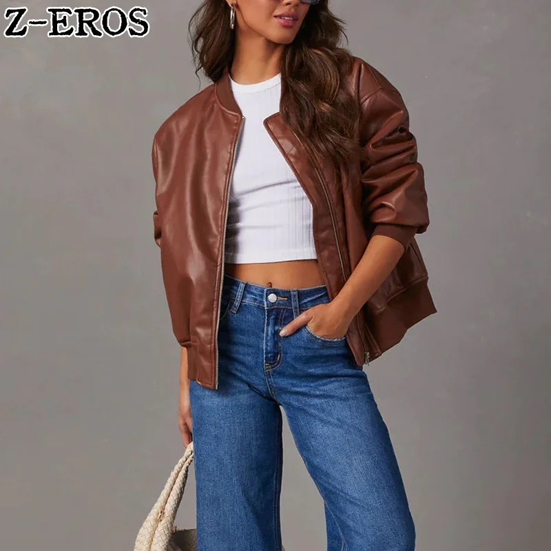 

Z-EROS Pu Leather Jacket Solid Color Women's Long Sleeved Zipper Loose Autumn Fashion Versatile Street Women's Short Coat Pocket