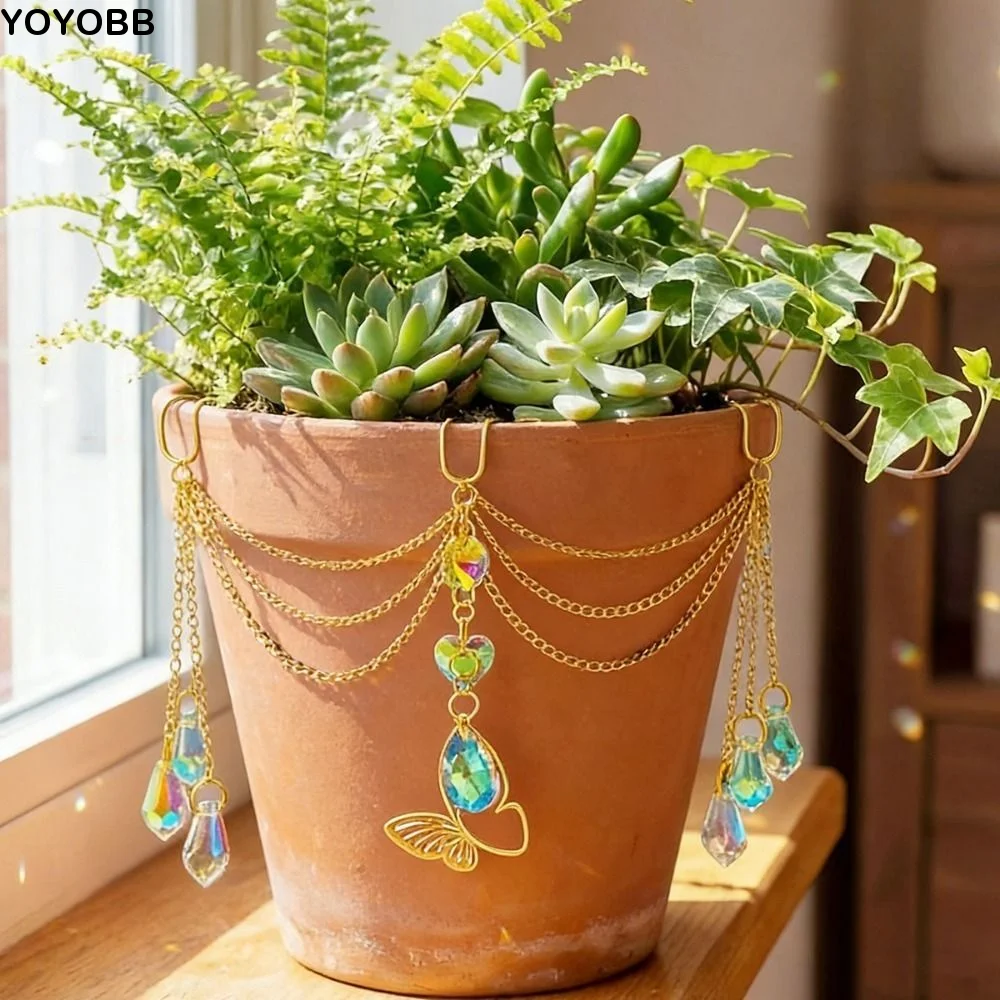 Colorful Flower Pot Crystal Sun Catcher Butterfly Design Reflective Hanging Pot Crystal Exquisite Decorative
