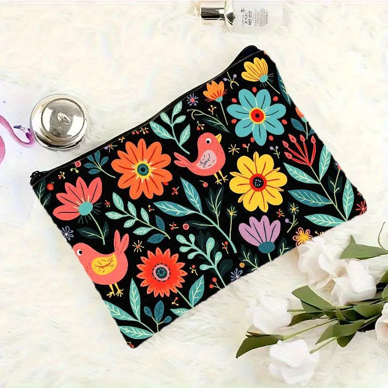 A cosmetic bag with flower pattern-cute multifunctional zipper handbag, jewelry storage bag