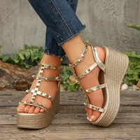 Summer Fashion Women Gold Rivet Studded Wedge Sandals Ankle Strap Espadrille Platform Sole Party Vacation Outdoor Casual Shoes - Image 5