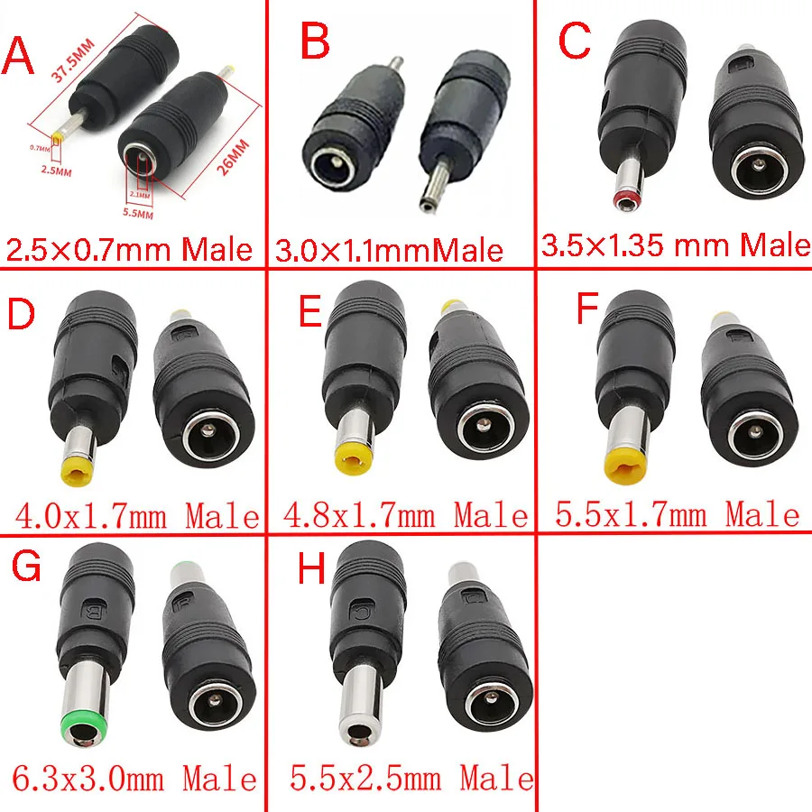 DC Jack Adapter Connector Laptop 5.5*2.1 Moth To 6.3 * 3.0/5.5* 2.5/5.5* 1.7/4.8*1.7/4.0 * 1.7/3.5 * 1.35/3.0*1.1/2.5*0.7  Male