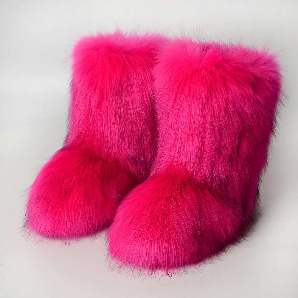 Women\'s Winter Fluffy Faux Fox Fur Boots Woman Plush Warm Snow Boots Luxury Footwear Girls\' Furry Fashion Winter Shoe