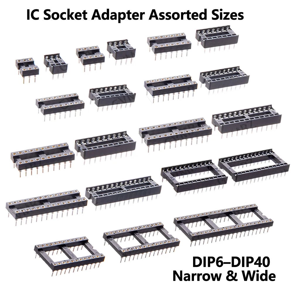 10PCS DIP IC Socket Adapter Assorted Sizes DIP6–DIP40 Round Pin / Square Pin Narrow & Wide Type for PCB DIY Electronics IC 