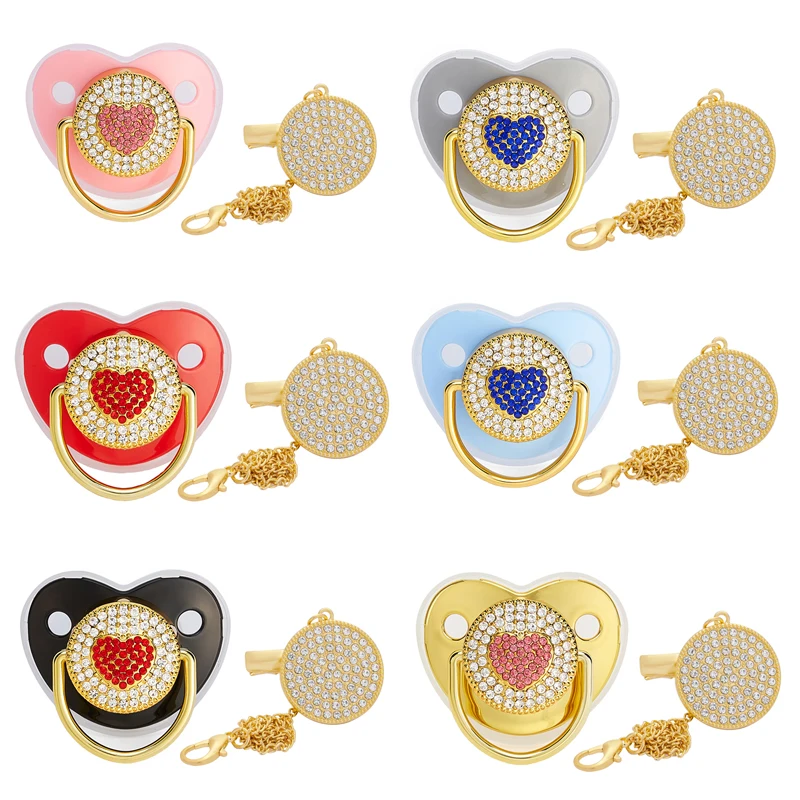 

Luxury Baby Pacifier Rhinestones Heart Silicone Pacifiers with Lid Newborn Baby Shower Teether Infant Soother Girls Dummy Nipple