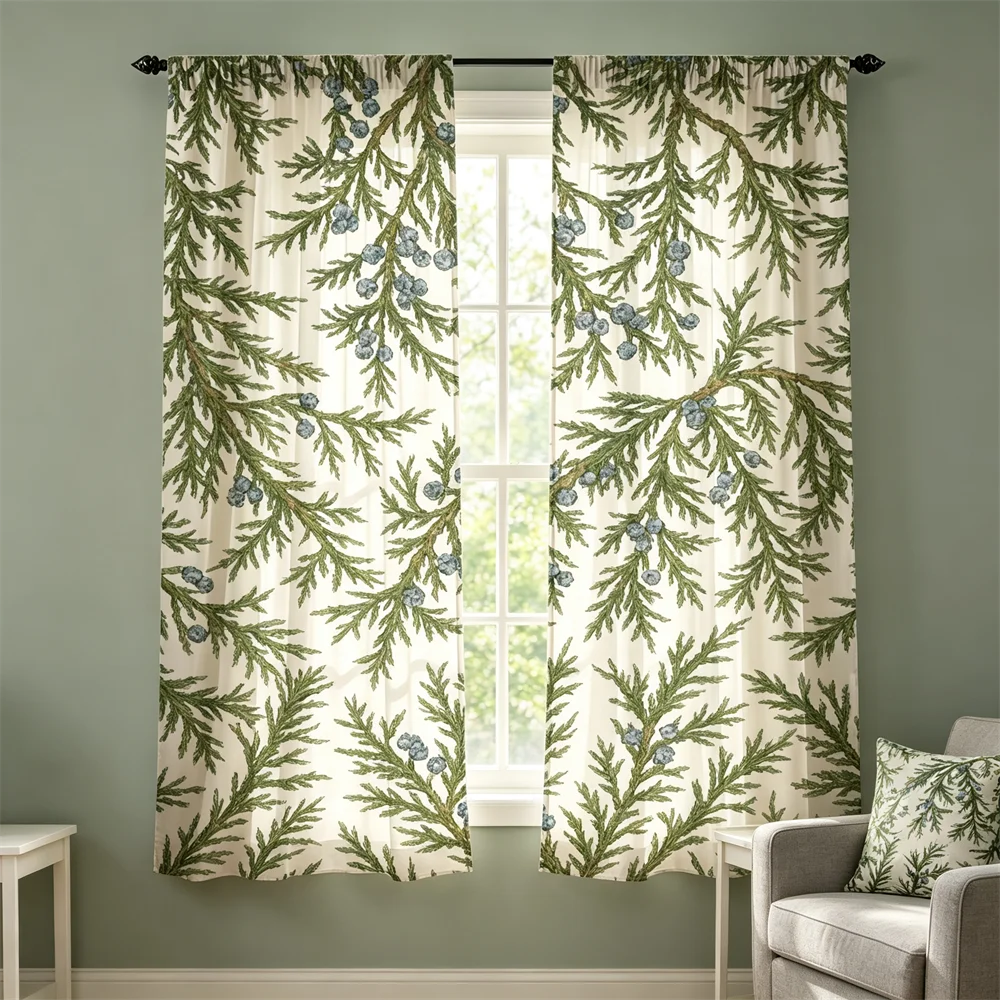 2PCS Juniper branches blue berries Print Curtains, Bedroom Living Room Window Drapes, Rod Pocket Polyester, Home Decor